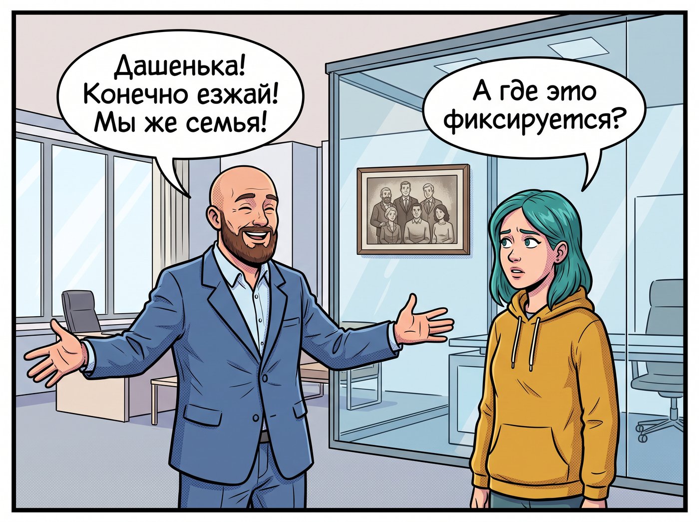 Кабинет гендиректора, на стене старое фото пятерых. Виктор Палыч широко разводит руки: «Дашенька! Конечно езжай! Мы же семья!» Даша: «А где это фиксируется?»