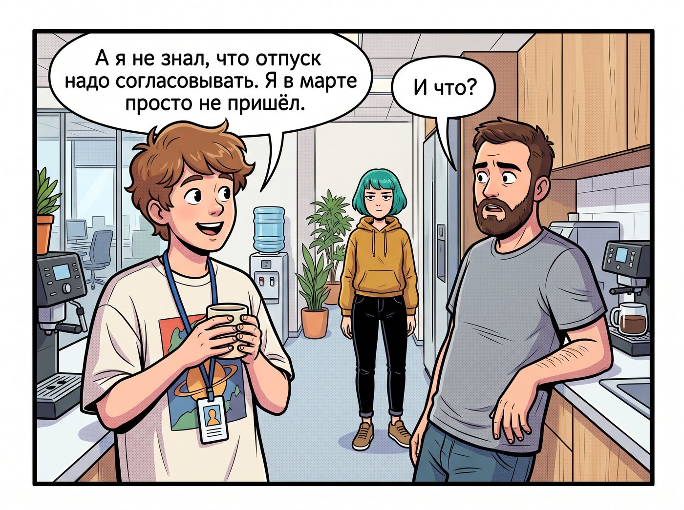 Кухня. Артём с кружкой: «А я не знал, что отпуск надо согласовывать. Я в марте просто не пришёл.» Костя: «И что?» Даша смотрит на них молча.