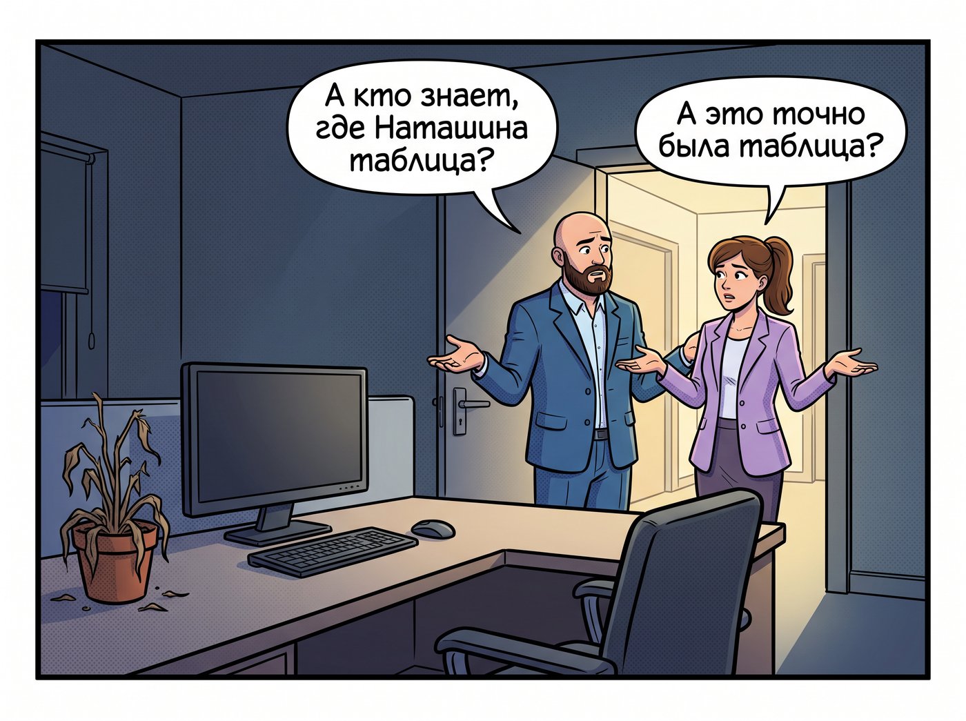 Пустой стол Наташи с засохшим цветком. В дверях Виктор Палыч: «А кто знает, где Наташина таблица?» Марина: «А это точно была таблица?»
