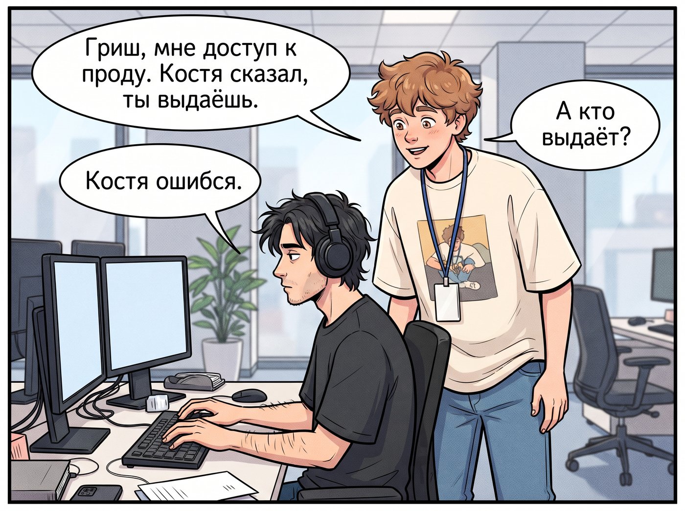 Гриша в наушниках печатает не оборачиваясь. Артём: «Гриш, мне доступ к проду. Костя сказал, ты выдаёшь.» Гриша: «Костя ошибся.» Артём: «А кто выдаёт?»