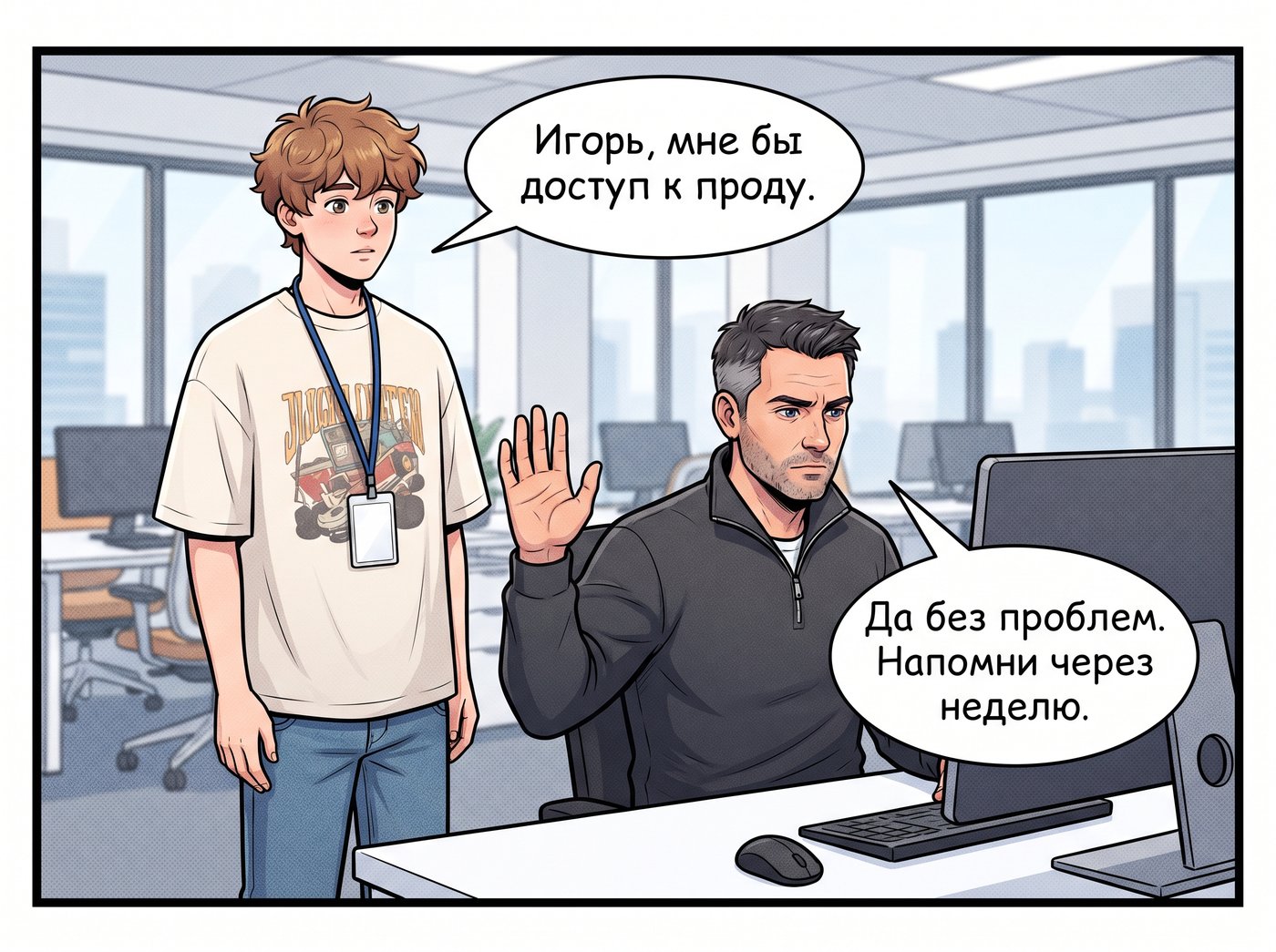 Игорь смотрит в монитор, отмахиваясь рукой. Артём: «Игорь, мне бы доступ к проду.» Игорь: «Да без проблем. Напомни через неделю.»